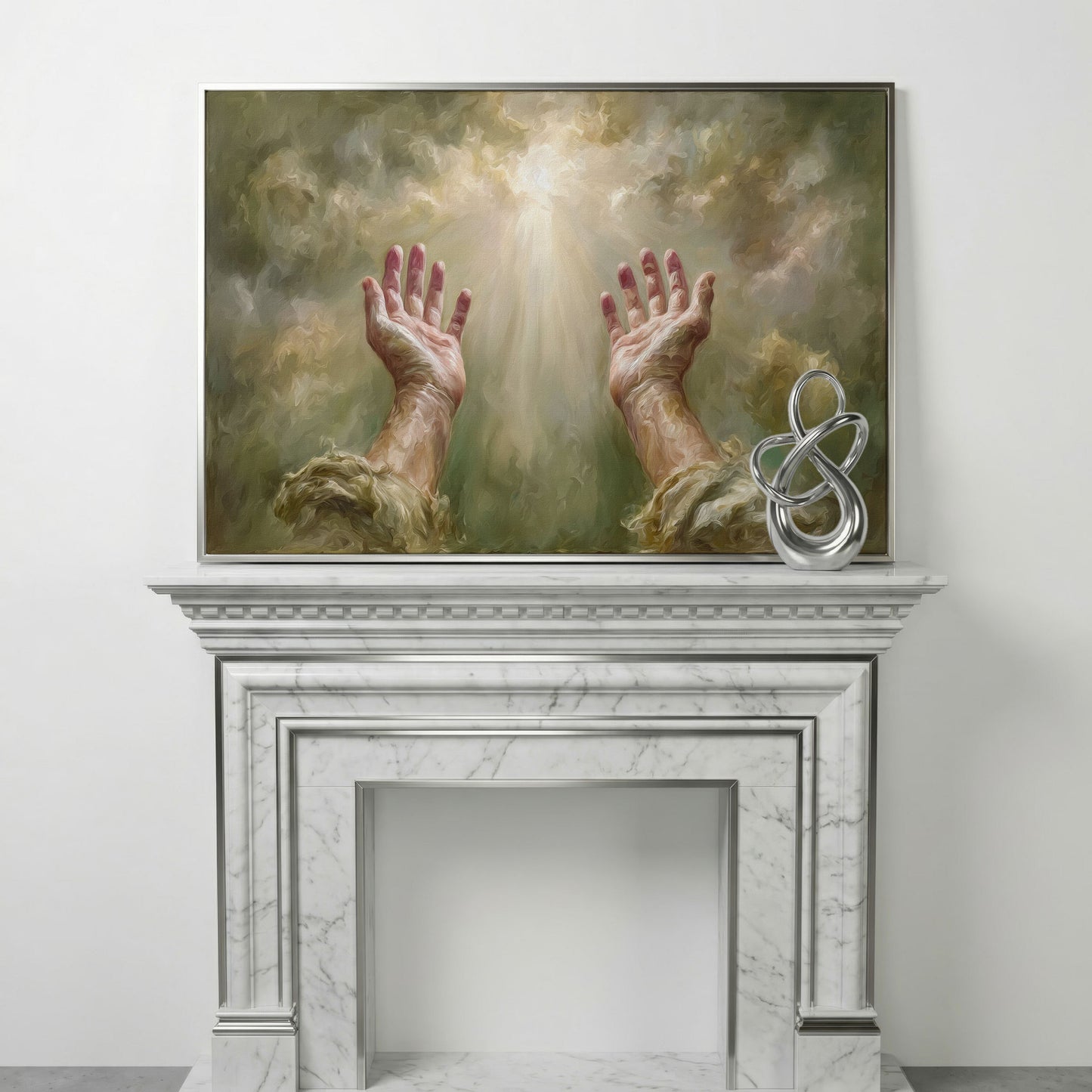 Praying Hands in Divine Light. Christian Canvas Wall Art in silver floating frame