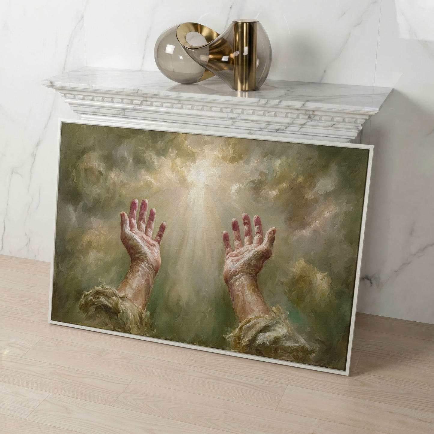 Praying Hands in Divine Light. Christian Canvas Wall Art in white floating frame