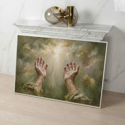 Praying Hands in Divine Light. Christian Canvas Wall Art in white floating frame