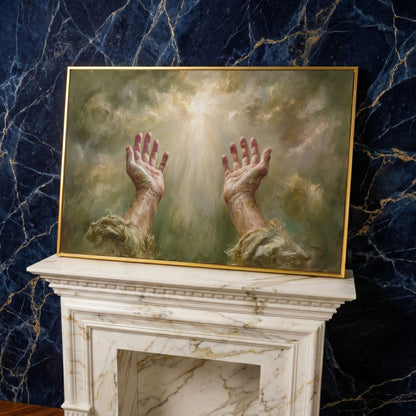 Praying Hands in Divine Light. Christian Canvas Wall Art in yellow gold floating frame