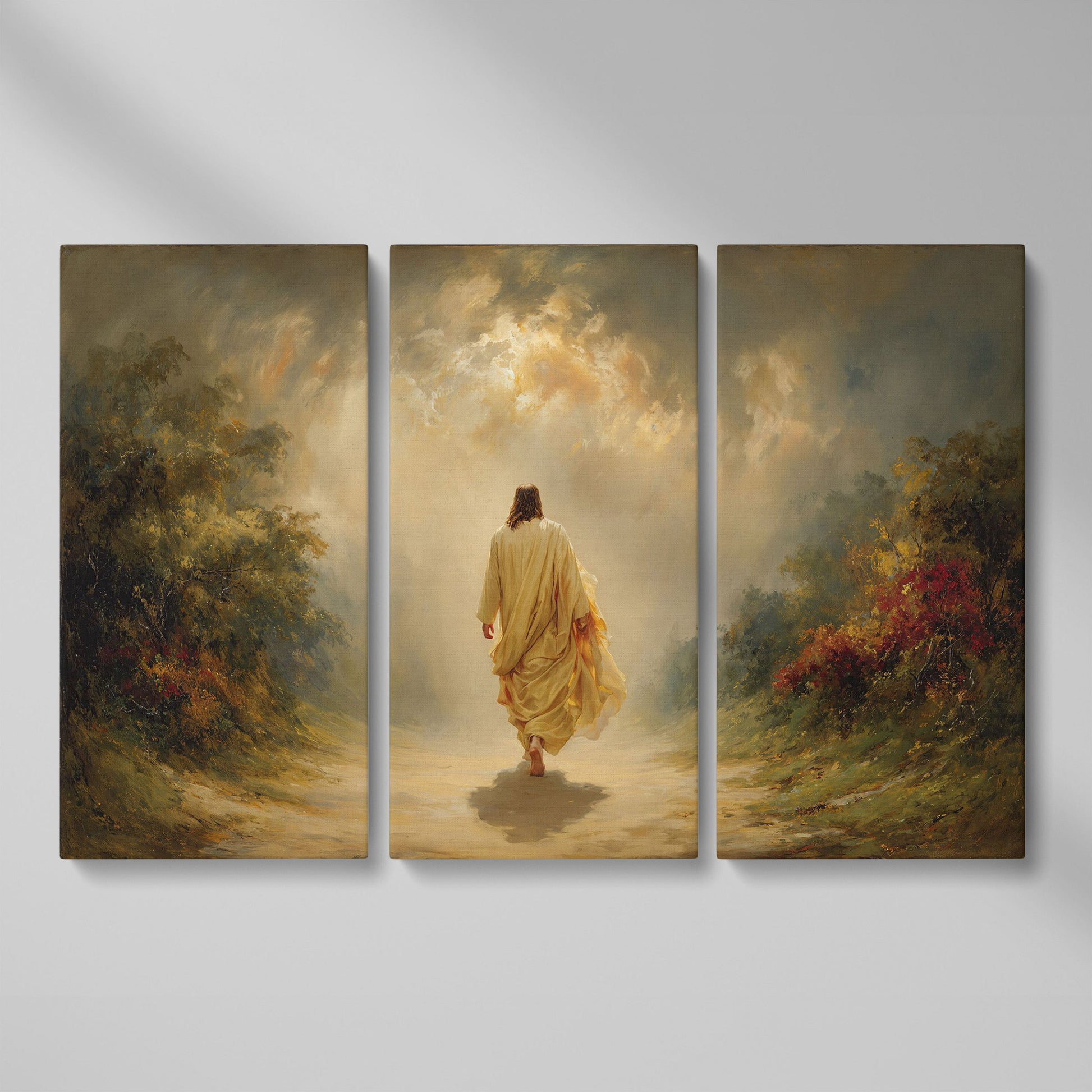 Jesus Walking Into the Light. Christian Canvas Wall Art as 3-panel split version