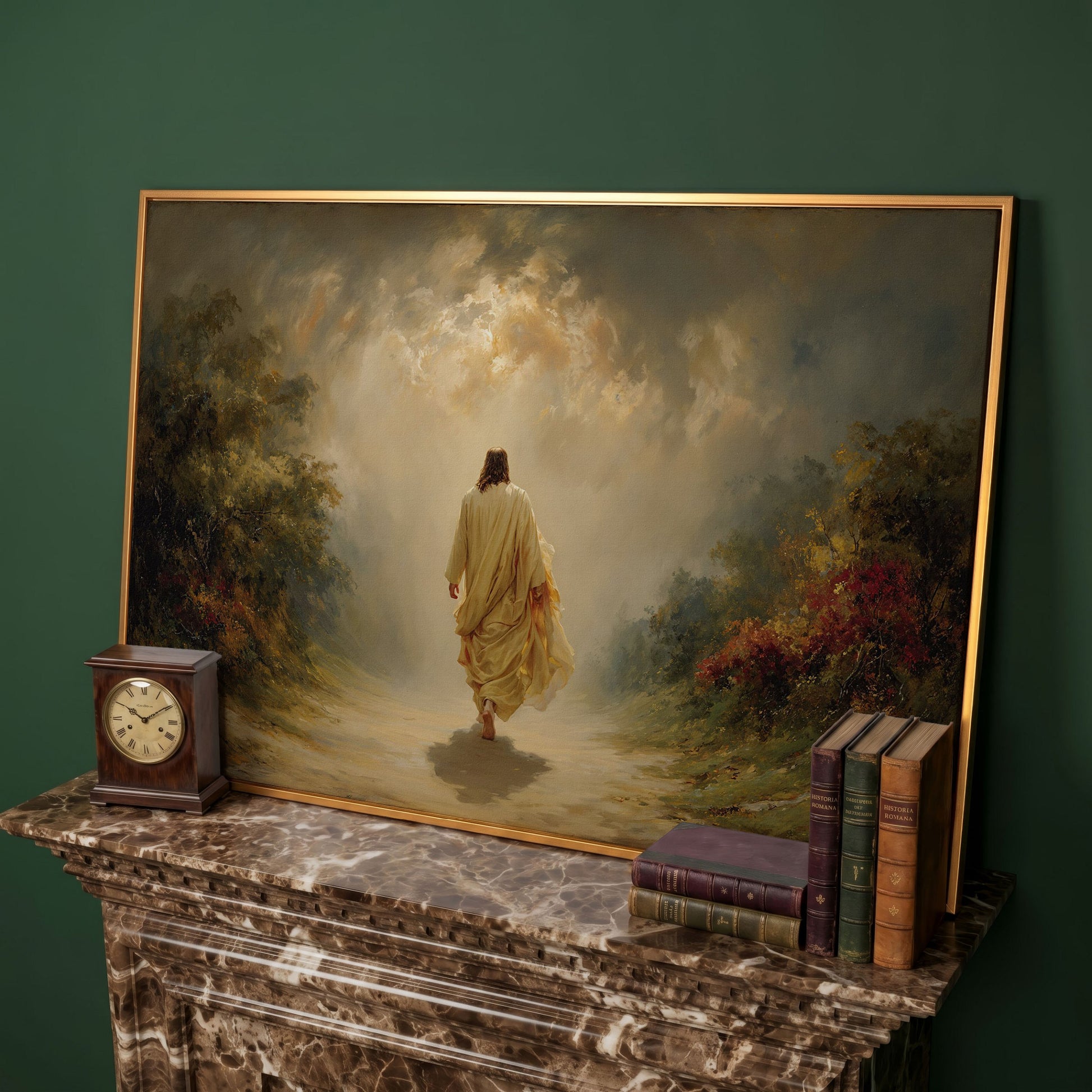 Jesus Walking Into the Light. Christian Canvas Wall Art in antique gold floating frame