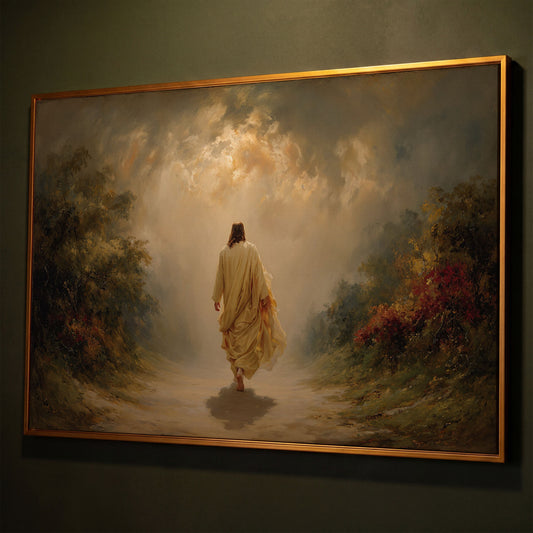 Jesus Walking Into the Light. Christian Canvas Wall Art shown in antique gold floating frame