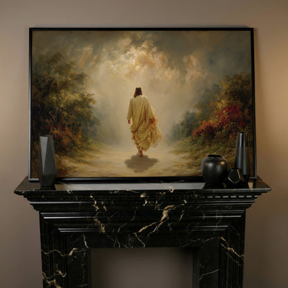 Jesus Walking Into the Light. Christian Canvas Wall Art in black floating frame