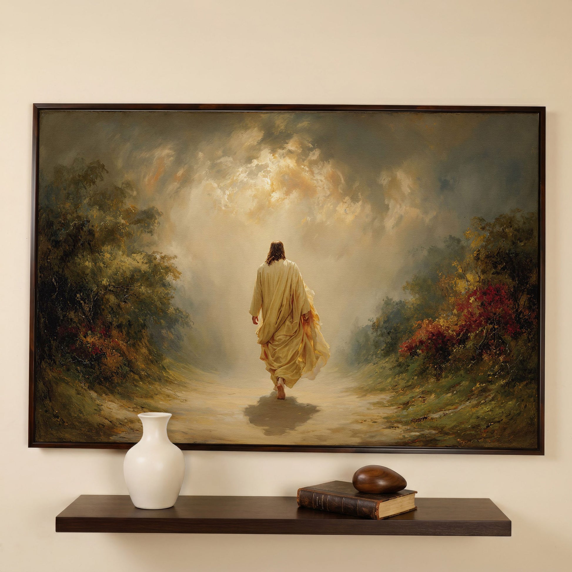 Jesus Walking Into the Light. Christian Canvas Wall Art in dark walnut floating frame