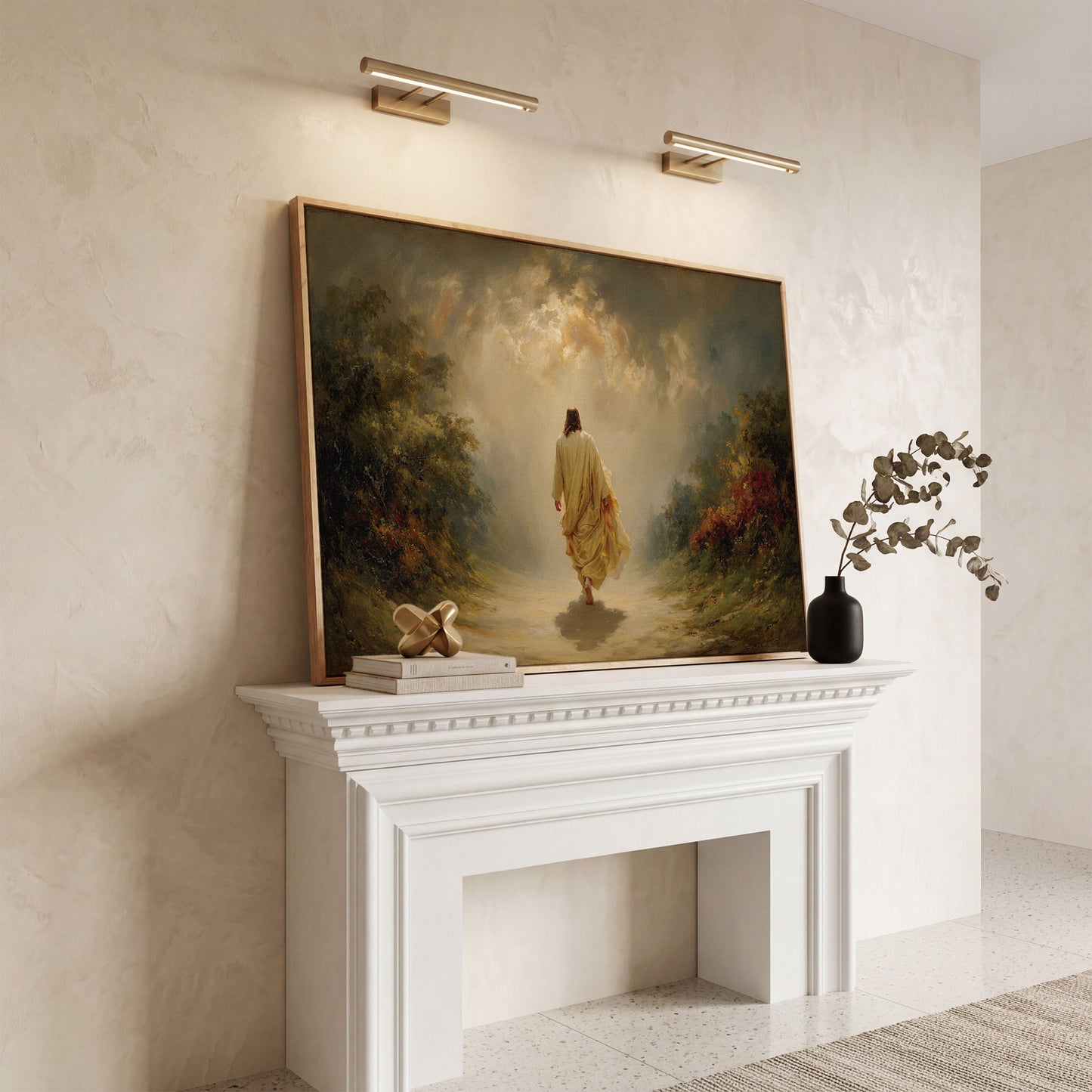 Jesus Walking Into the Light. Christian Canvas Wall Art in white oak floating frame