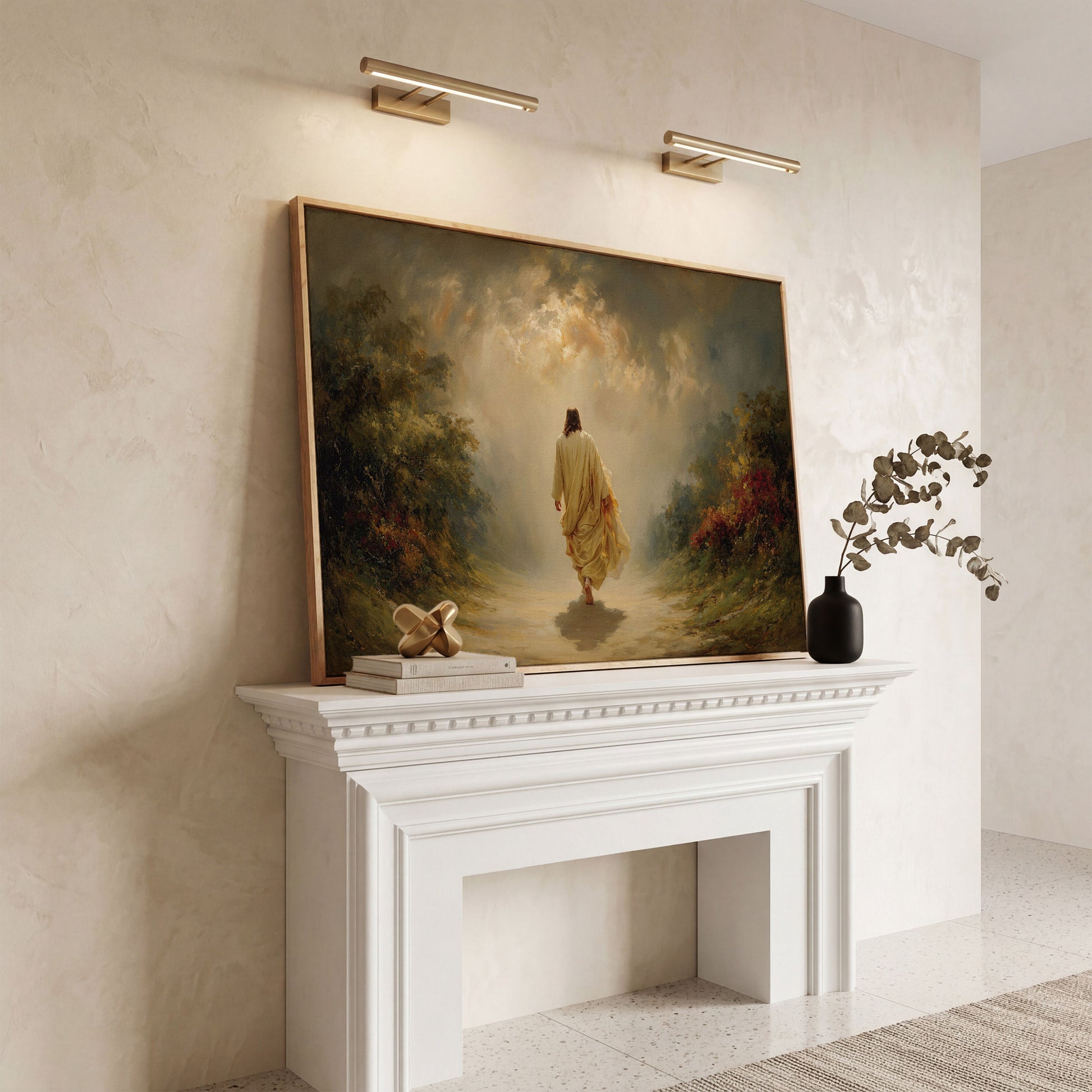 Jesus Walking Into the Light. Christian Canvas Wall Art in white oak floating frame
