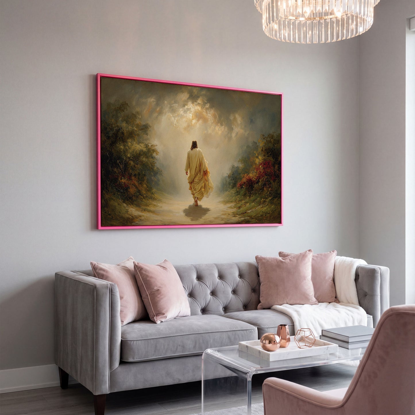 Jesus Walking Into the Light. Christian Canvas Wall Art in pink floating frame