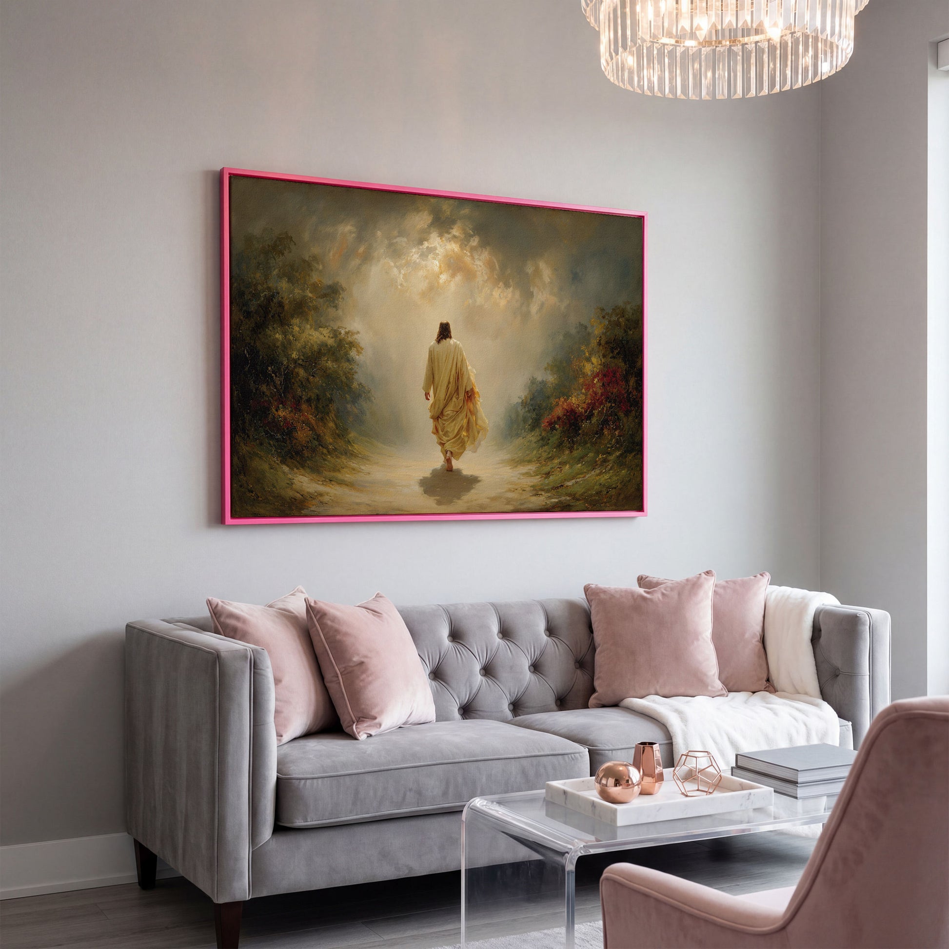 Jesus Walking Into the Light. Christian Canvas Wall Art in pink floating frame