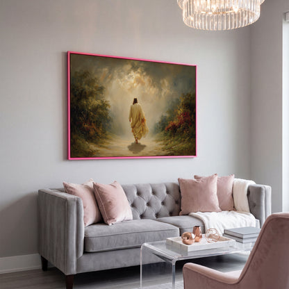 Jesus Walking Into the Light. Christian Canvas Wall Art in pink floating frame