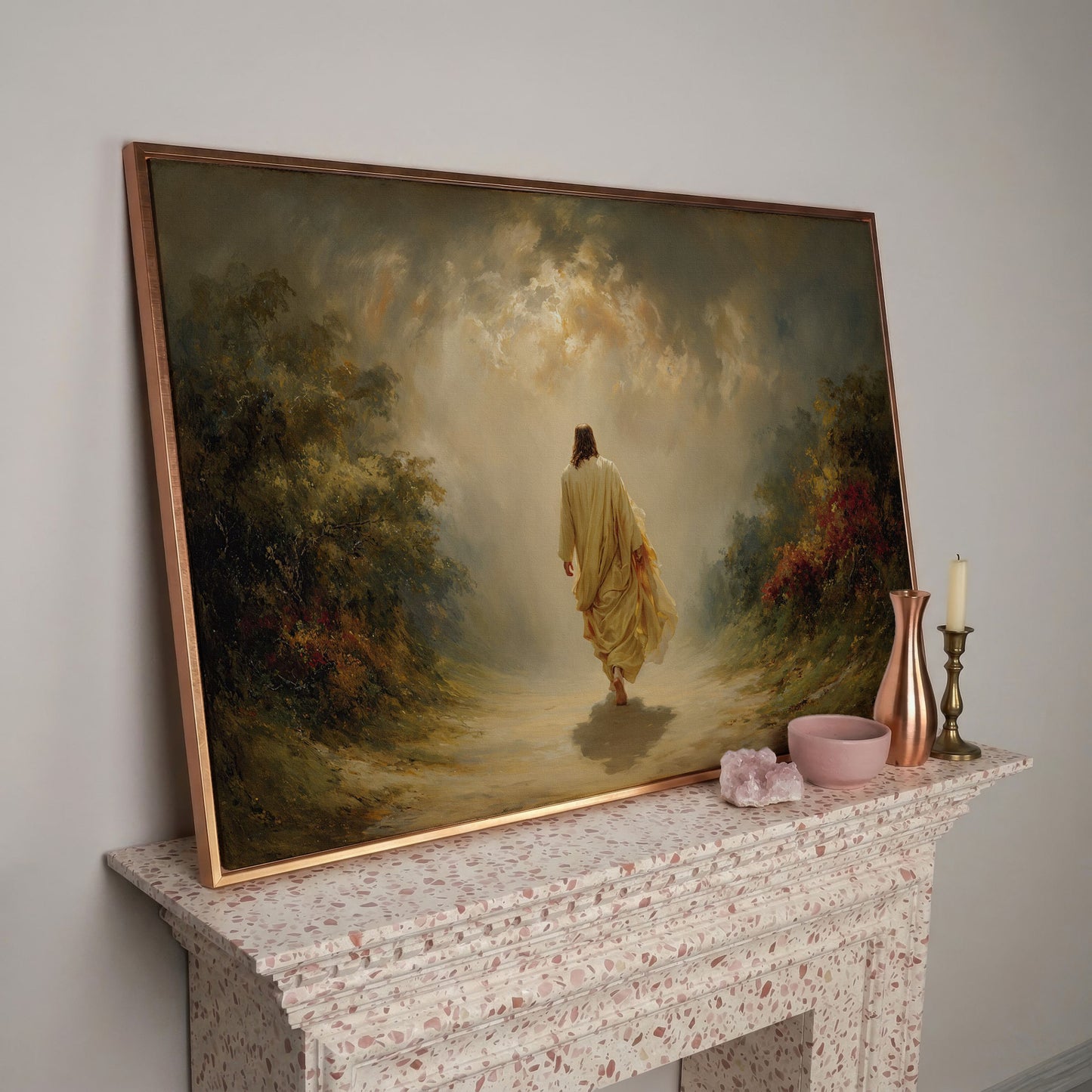 Jesus Walking Into the Light. Christian Canvas Wall Art in rose gold floating frame