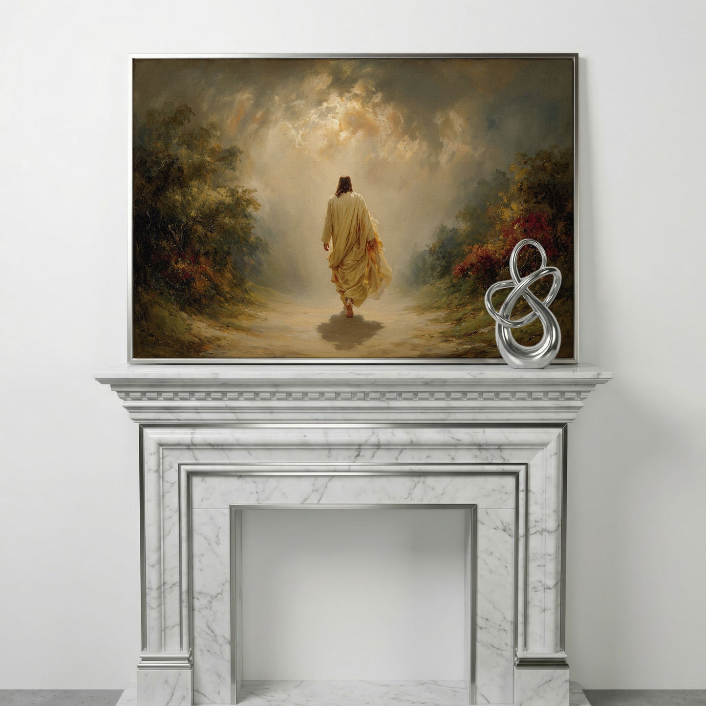 Jesus Walking Into the Light. Christian Canvas Wall Art in silver floating frame