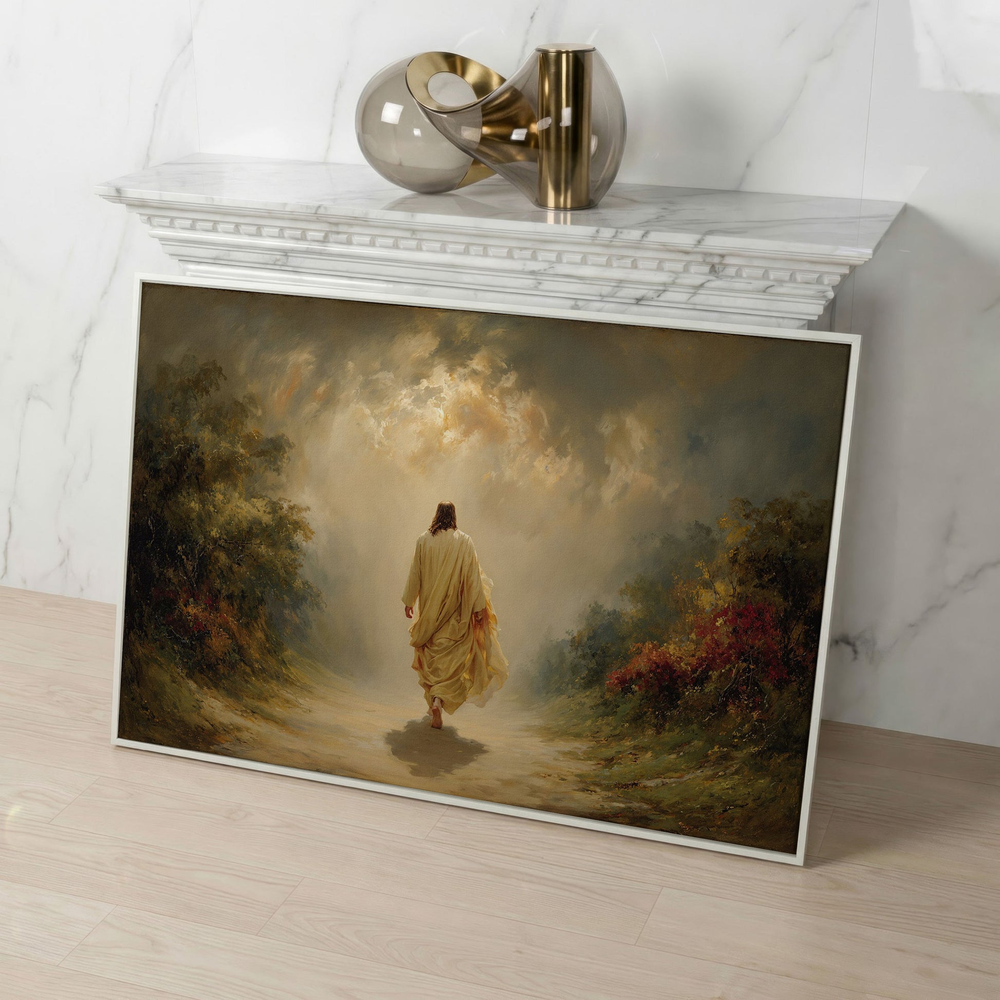 Jesus Walking Into the Light. Christian Canvas Wall Art in white floating frame