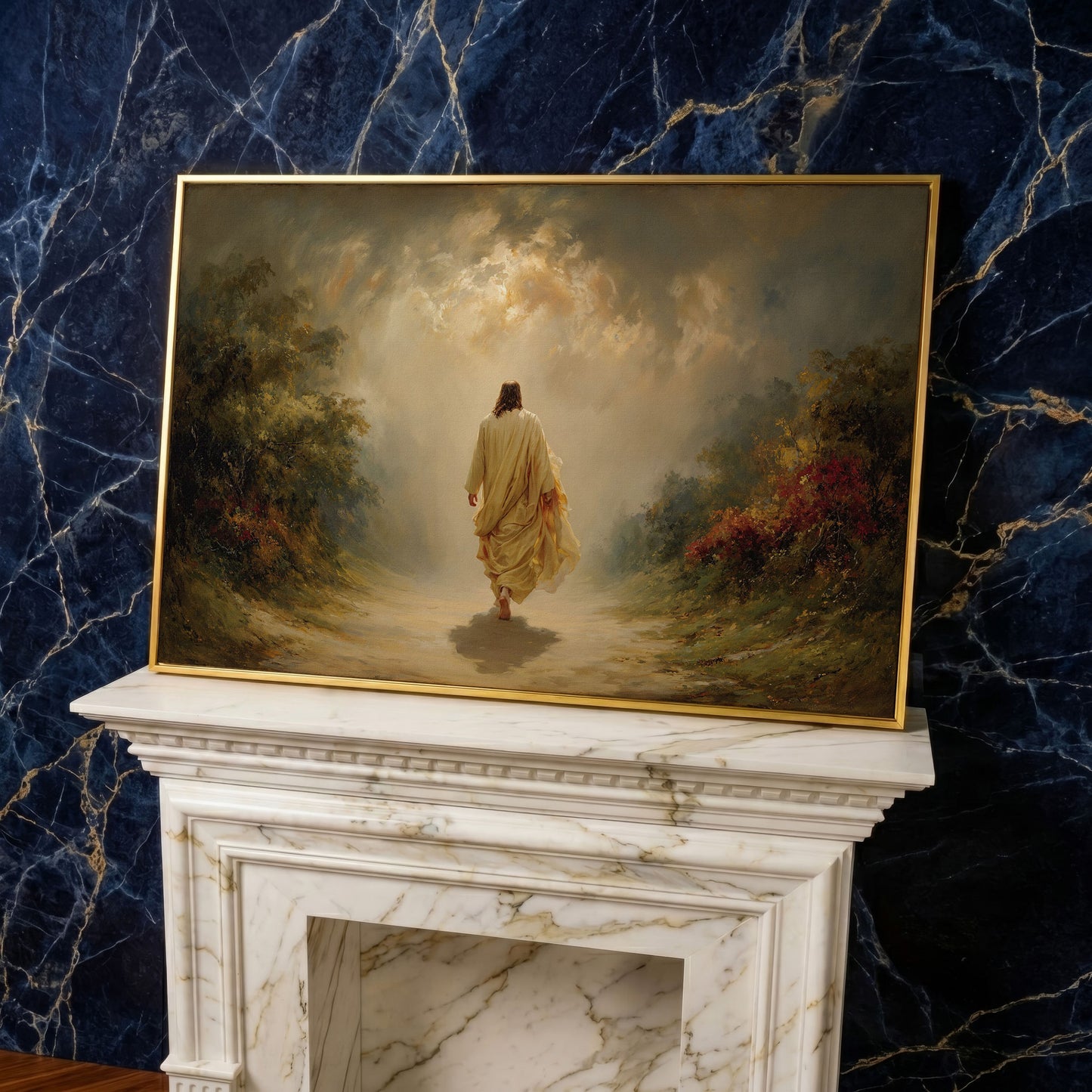 Jesus Walking Into the Light. Christian Canvas Wall Art in yellow gold floating frame