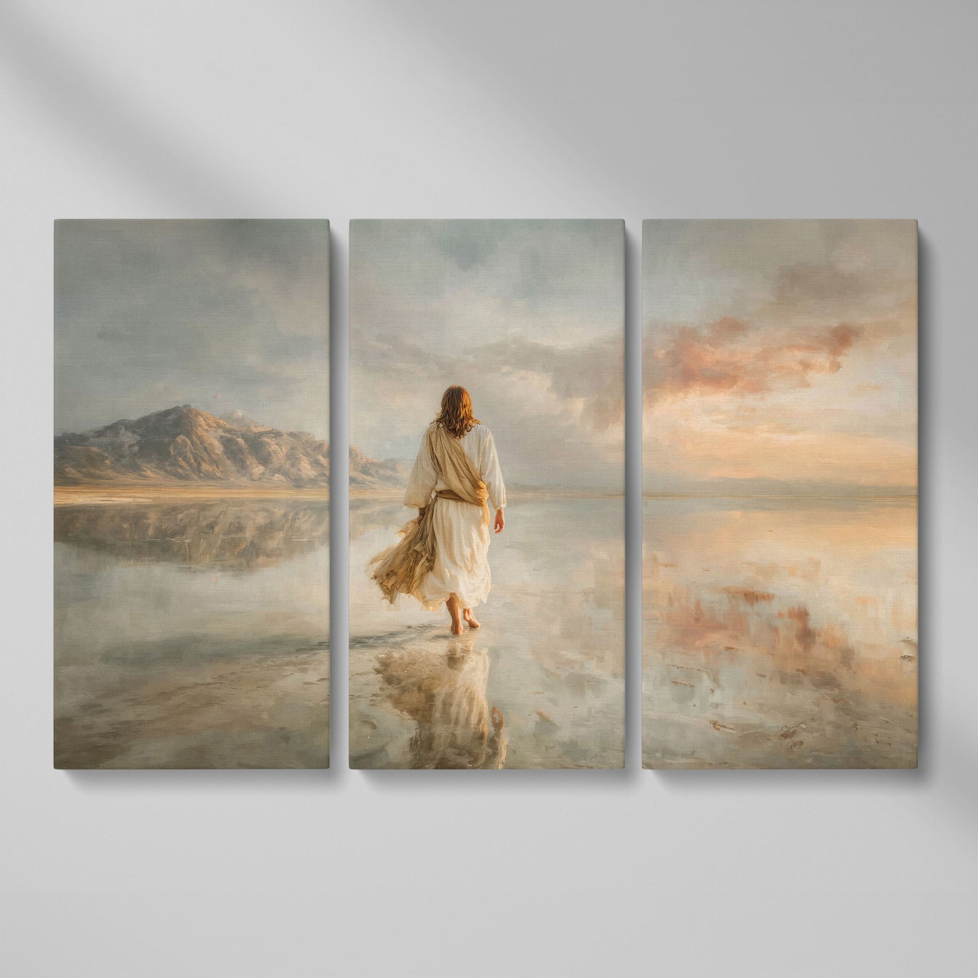 Jesus Walking on Water Canvas Art, Soft Light Landscape as 3-panel split version