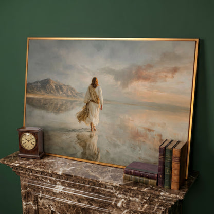 Jesus Walking on Water Canvas Art, Soft Light Landscape in antique gold floating frame