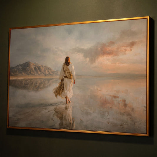Jesus Walking on Water Canvas Art, Soft Light Landscape shown in antique gold floating frame
