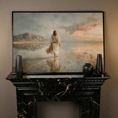 Jesus Walking on Water Canvas Art, Soft Light Landscape in black floating frame