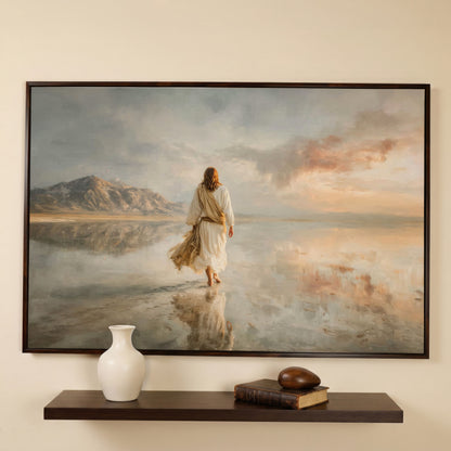 Jesus Walking on Water Canvas Art, Soft Light Landscape in dark walnut floating frame
