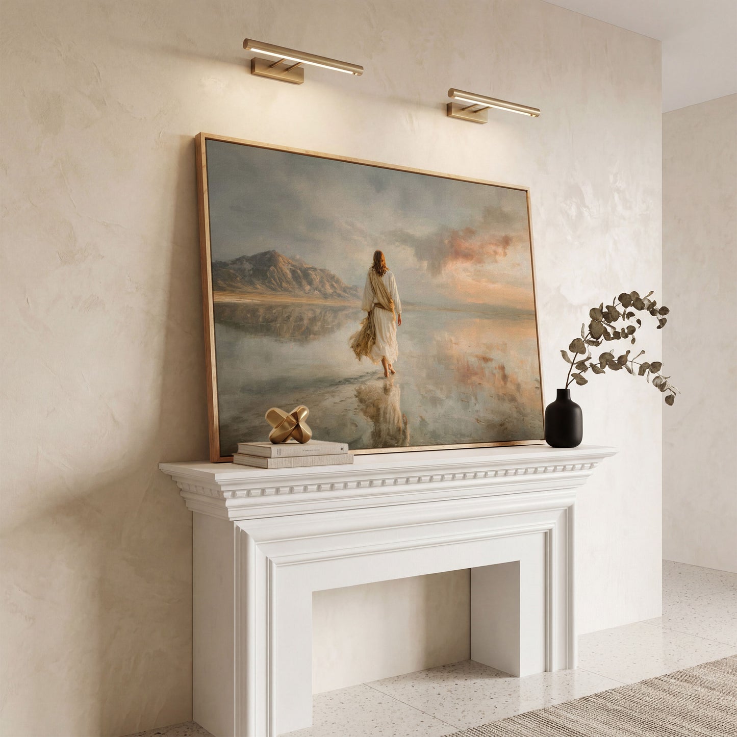 Jesus Walking on Water Canvas Art, Soft Light Landscape in white oak floating frame