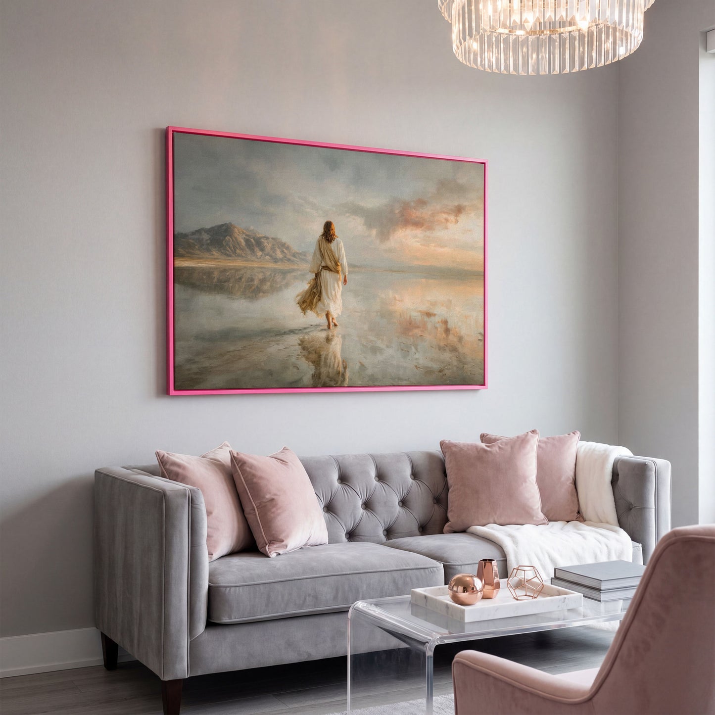 Jesus Walking on Water Canvas Art, Soft Light Landscape in pink floating frame
