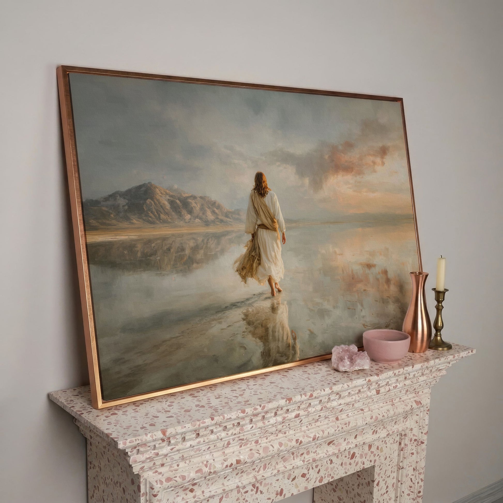 Jesus Walking on Water Canvas Art, Soft Light Landscape in rose gold floating frame