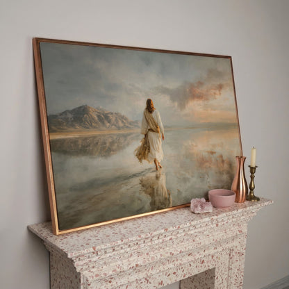 Jesus Walking on Water Canvas Art, Soft Light Landscape in rose gold floating frame