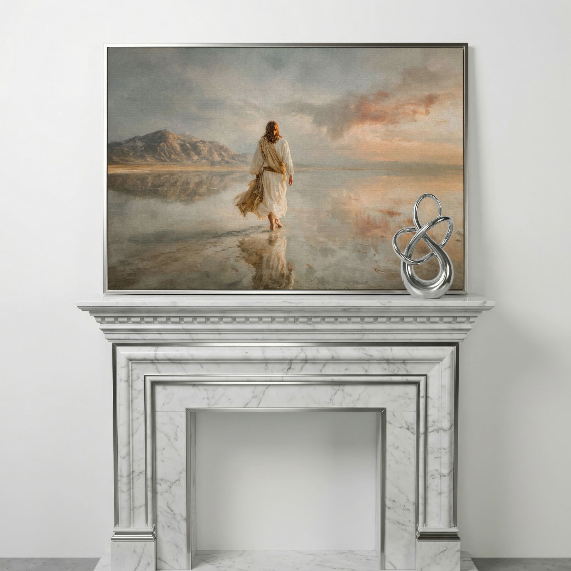 Jesus Walking on Water Canvas Art, Soft Light Landscape in silver floating frame