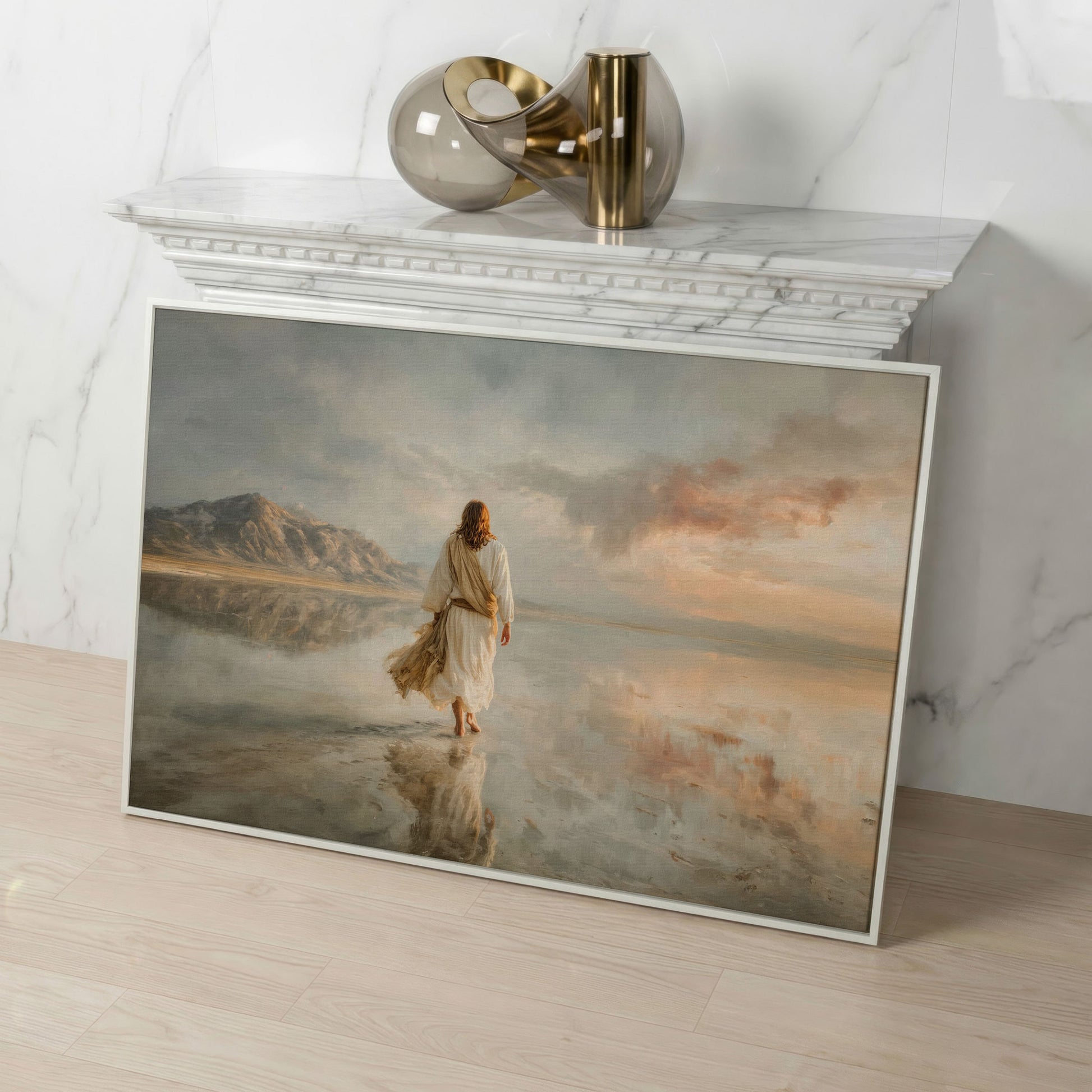 Jesus Walking on Water Canvas Art, Soft Light Landscape in white floating frame