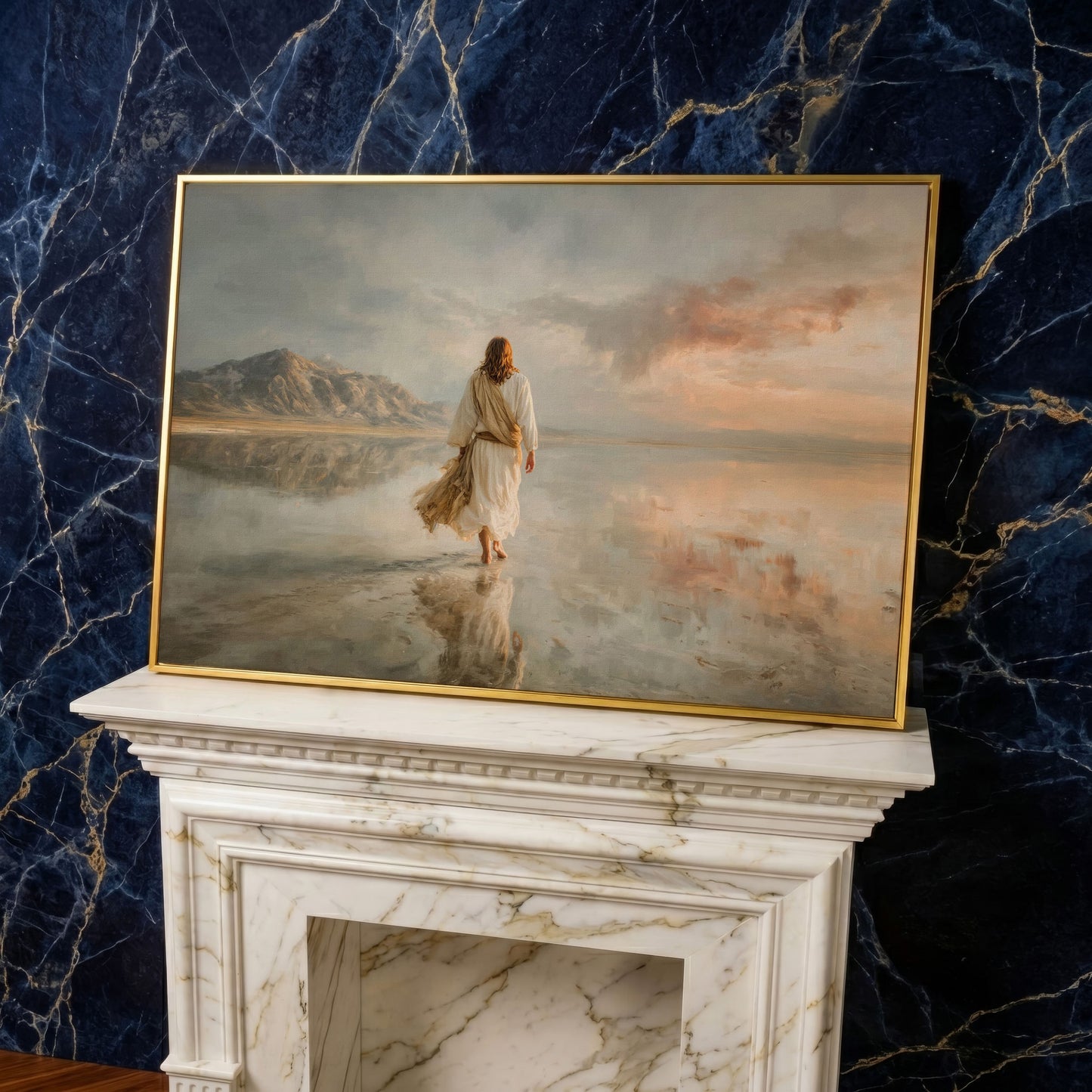 Jesus Walking on Water Canvas Art, Soft Light Landscape in yellow gold floating frame