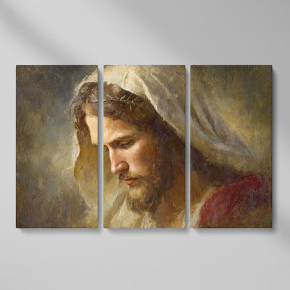 Face of Jesus, Crown of Thorns. Canvas Wall Art Print as 3-panel split version
