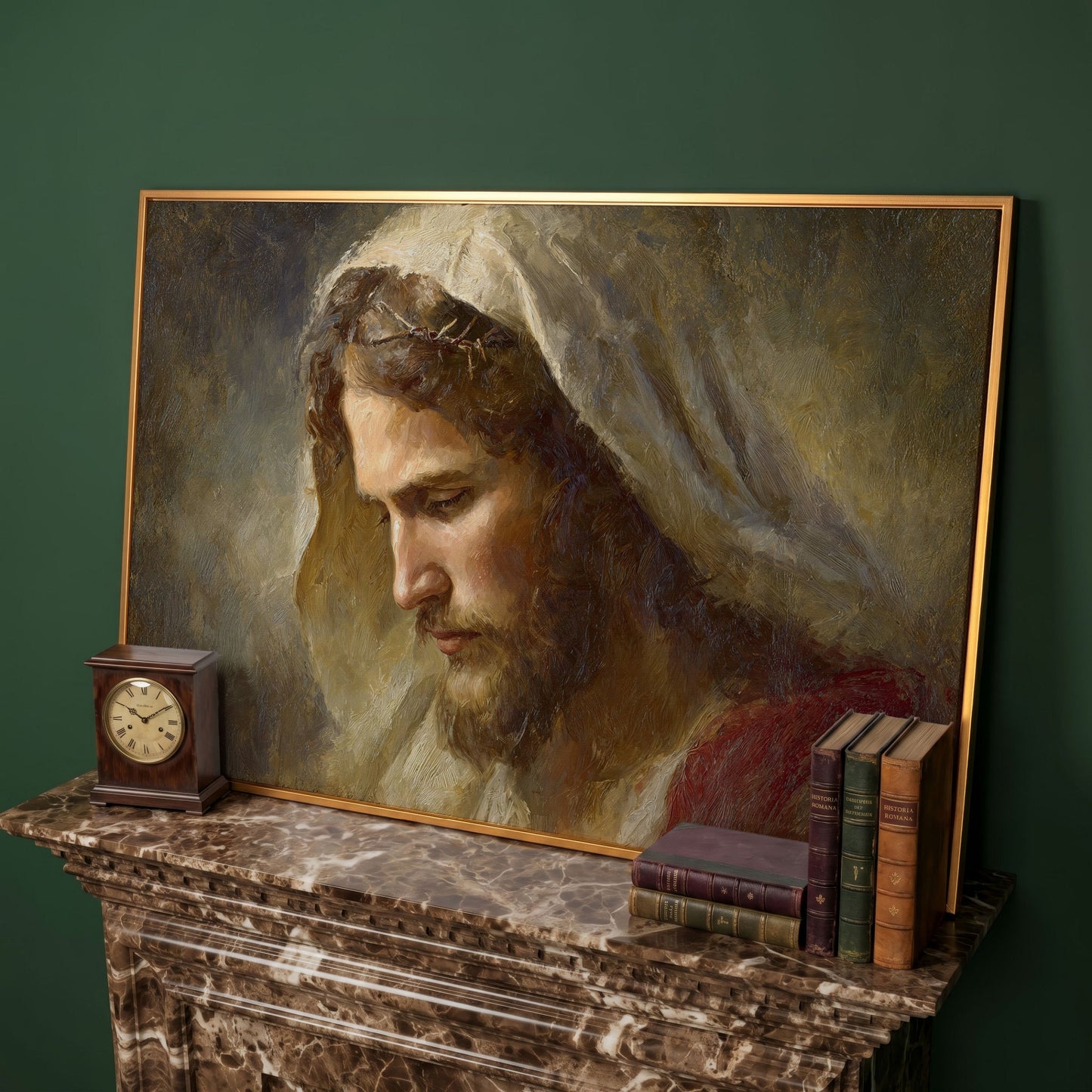 Face of Jesus, Crown of Thorns. Canvas Wall Art Print in antique gold floating frame