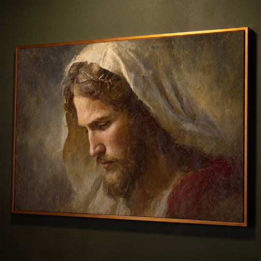 Face of Jesus, Crown of Thorns. Canvas Wall Art Print shown in antique gold floating frame