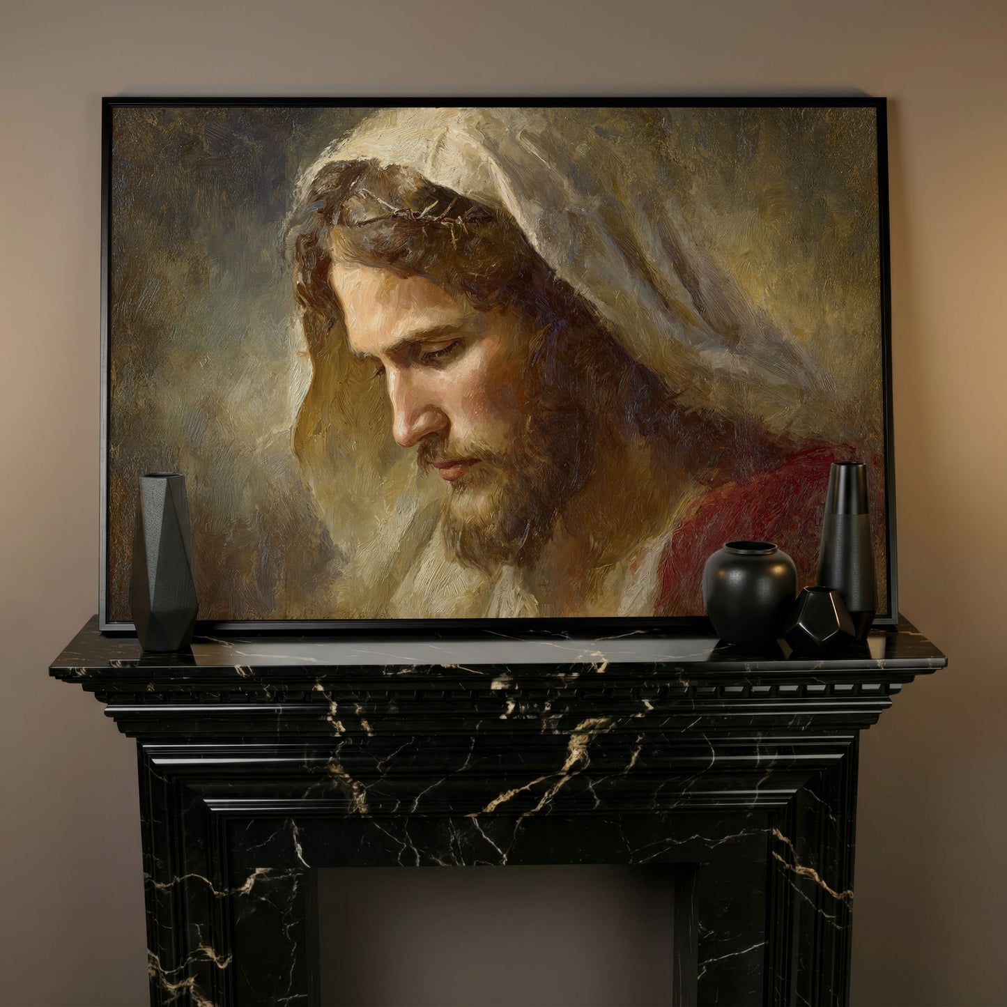Face of Jesus, Crown of Thorns. Canvas Wall Art Print in black floating frame
