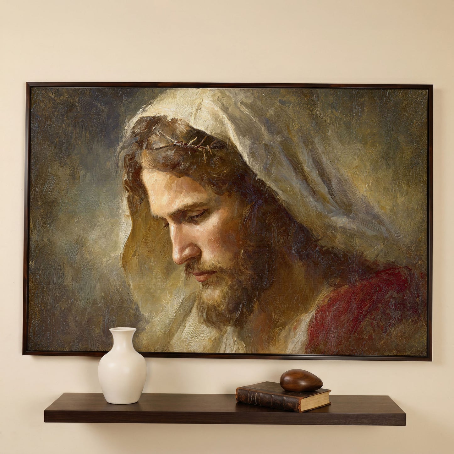 Face of Jesus, Crown of Thorns. Canvas Wall Art Print in dark walnut floating frame
