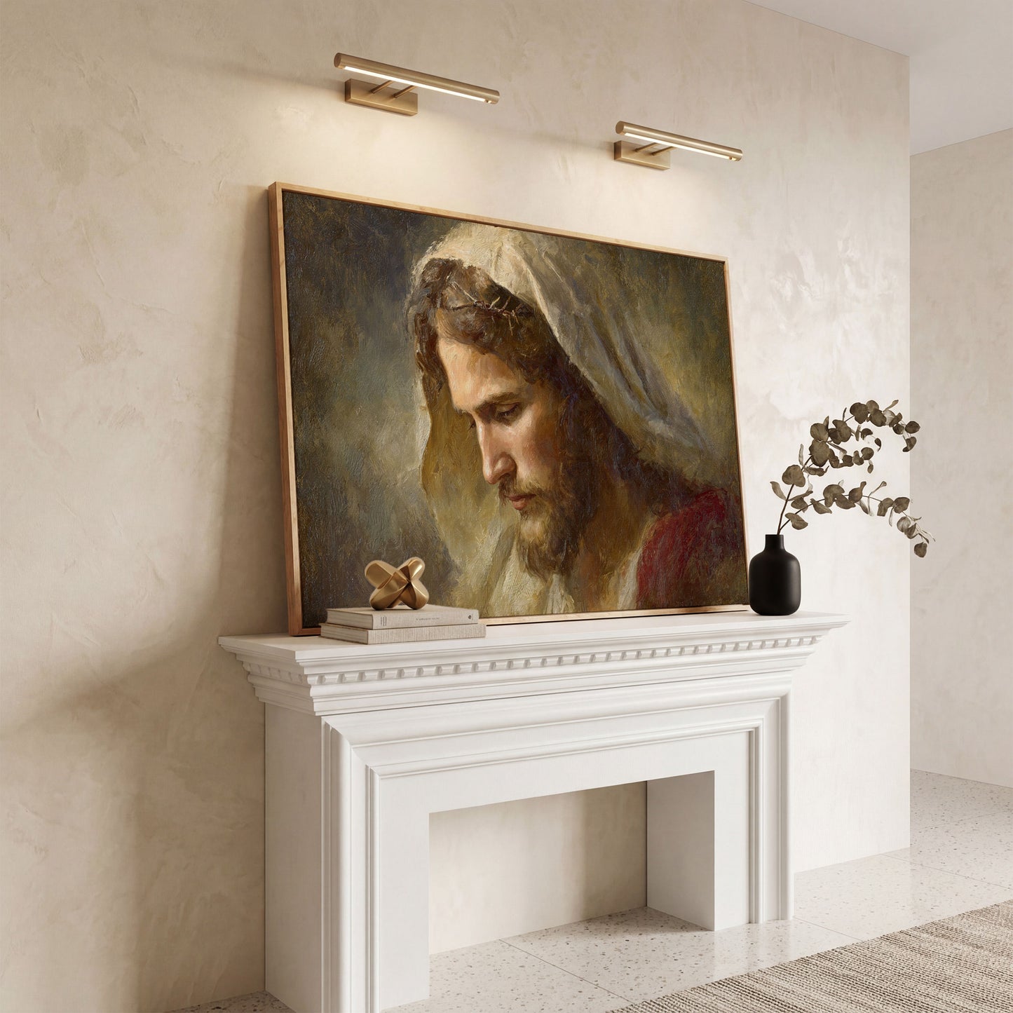 Face of Jesus, Crown of Thorns. Canvas Wall Art Print in white oak floating frame