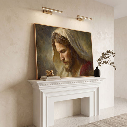 Face of Jesus, Crown of Thorns. Canvas Wall Art Print in white oak floating frame