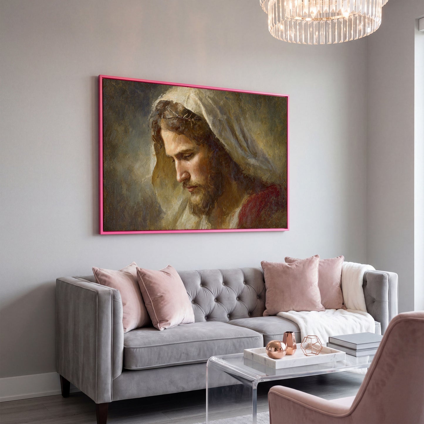 Face of Jesus, Crown of Thorns. Canvas Wall Art Print in pink floating frame
