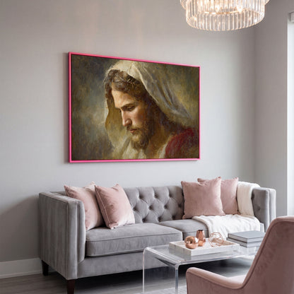 Face of Jesus, Crown of Thorns. Canvas Wall Art Print in pink floating frame
