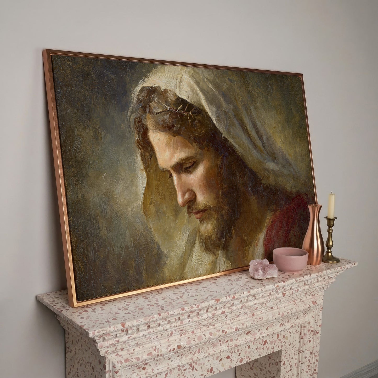 Face of Jesus, Crown of Thorns. Canvas Wall Art Print in rose gold floating frame