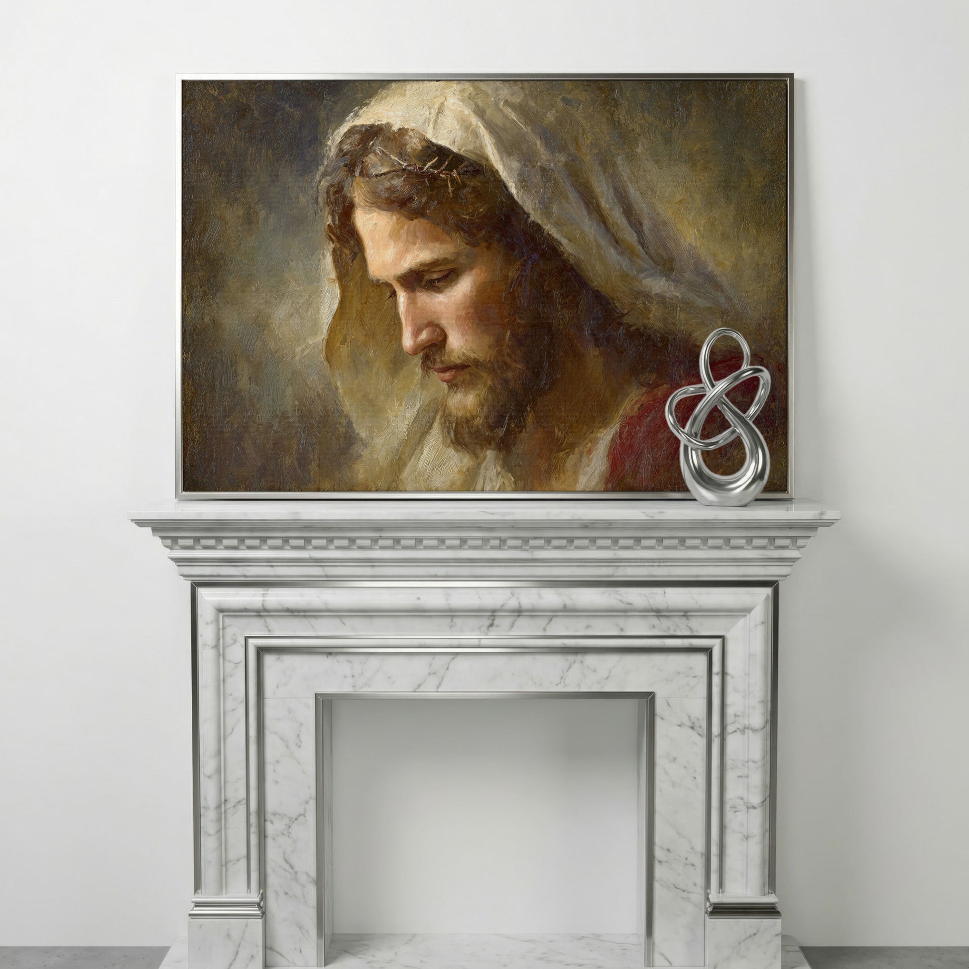 Face of Jesus, Crown of Thorns. Canvas Wall Art Print in silver floating frame