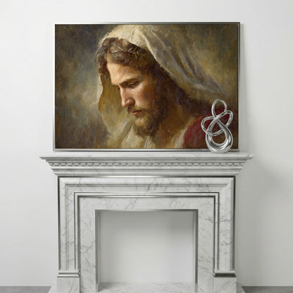 Face of Jesus, Crown of Thorns. Canvas Wall Art Print in silver floating frame
