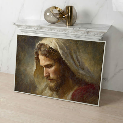 Face of Jesus, Crown of Thorns. Canvas Wall Art Print in white floating frame