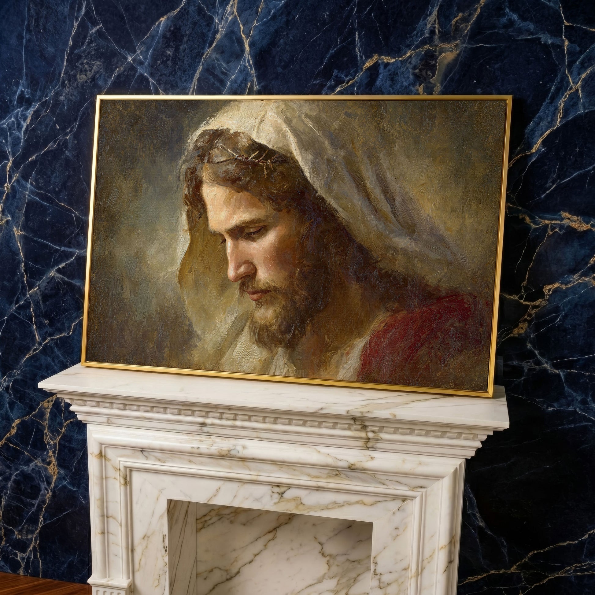 Face of Jesus, Crown of Thorns. Canvas Wall Art Print in yellow gold floating frame