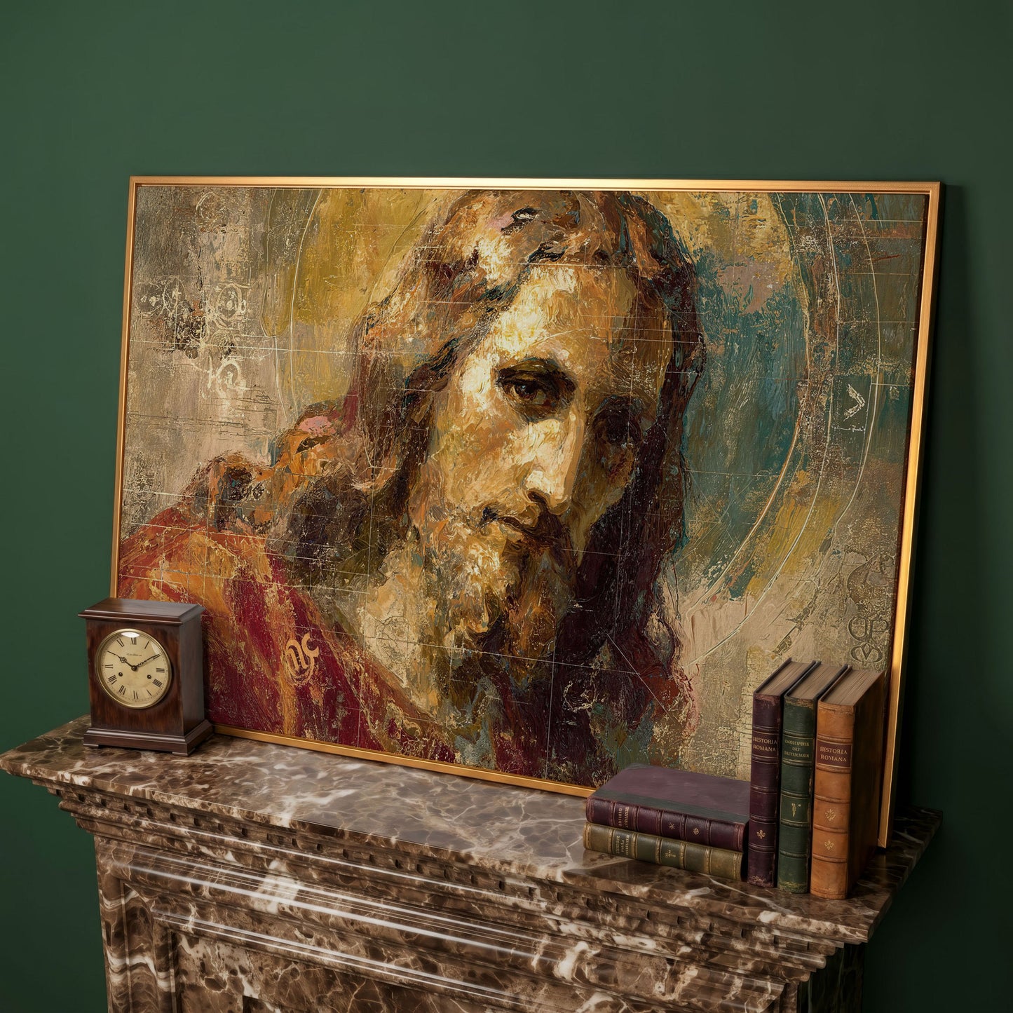 Abstract Jesus Christ Portrait Canvas Wall Art in antique gold floating frame