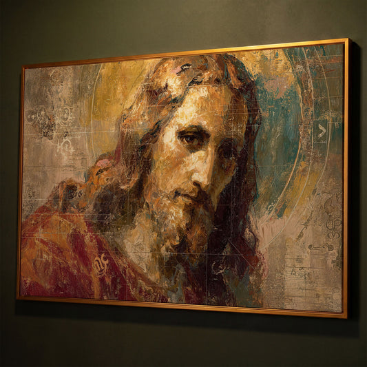 Abstract Jesus Christ Portrait Canvas Wall Art shown in antique gold floating frame