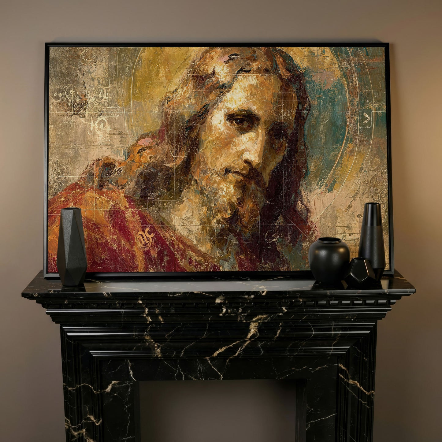 Abstract Jesus Christ Portrait Canvas Wall Art in black floating frame