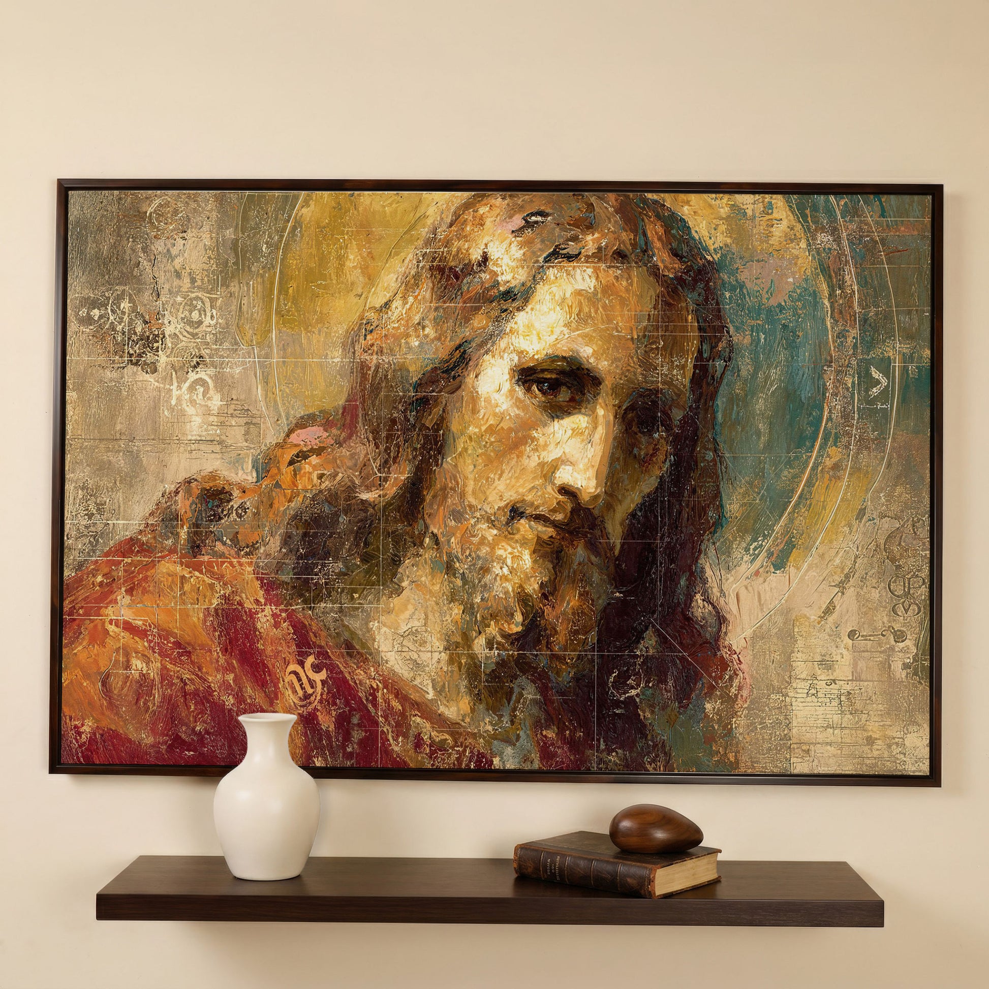 Abstract Jesus Christ Portrait Canvas Wall Art in dark walnut floating frame
