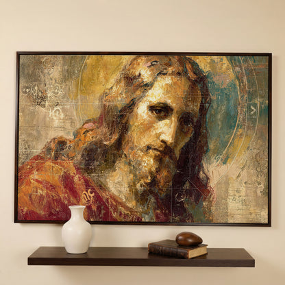 Abstract Jesus Christ Portrait Canvas Wall Art in dark walnut floating frame