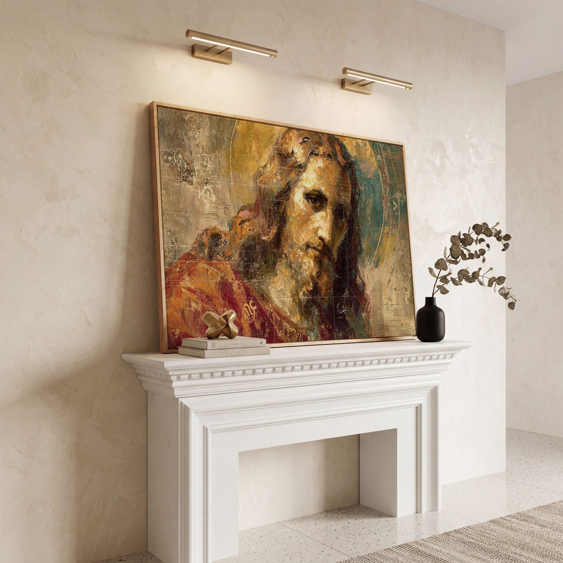 Abstract Jesus Christ Portrait Canvas Wall Art in white oak floating frame